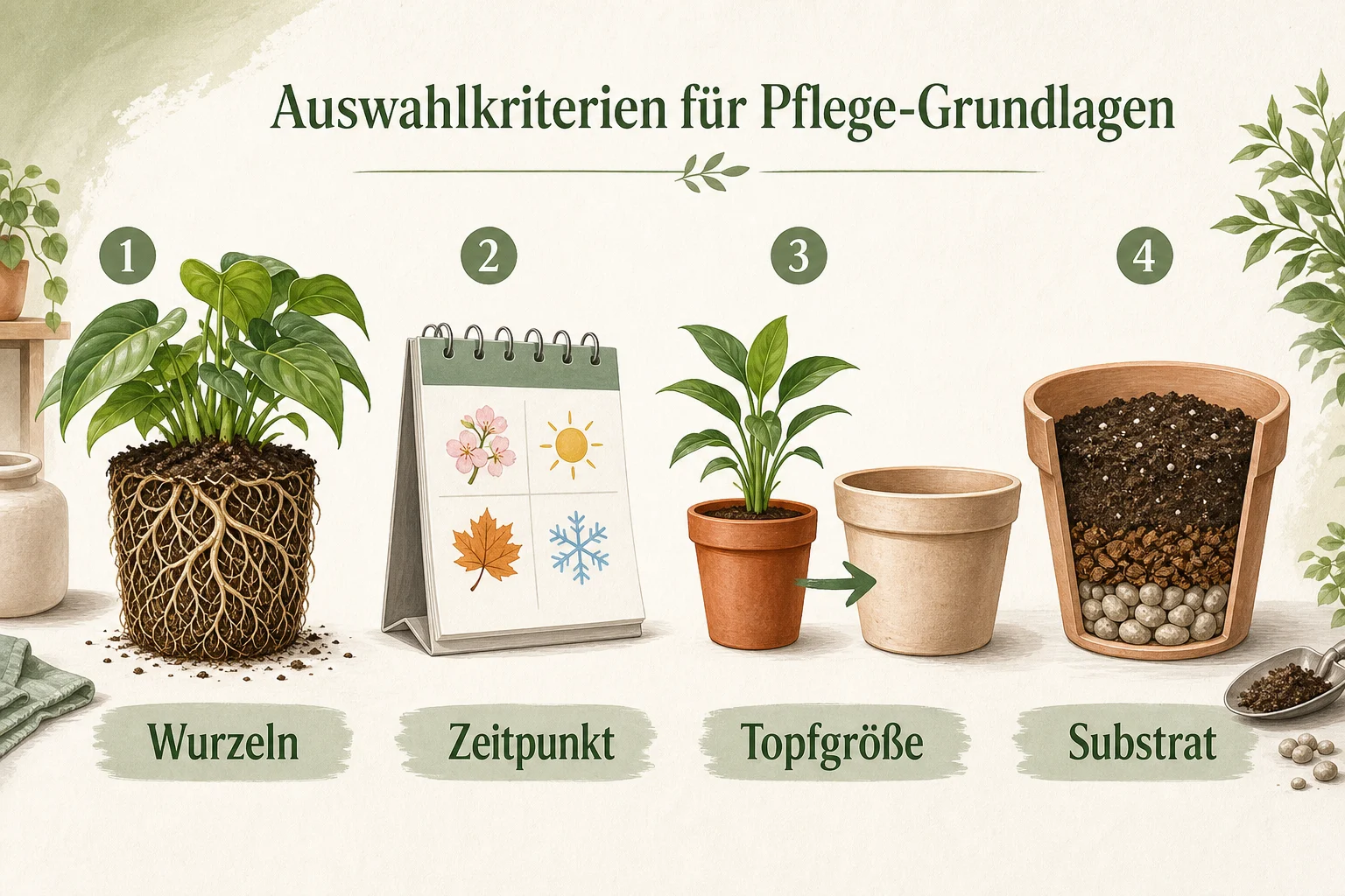 Infografik: Auswahlkriterien für Pflege-Grundlagen - Pflanzen Umtopfen Wann Wie Oft: Anleitung, Tipps und häufige Fehler
