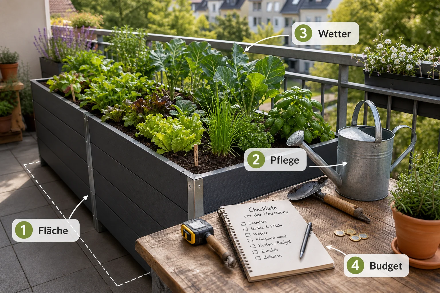 Infografik: Checkliste vor der Umsetzung - Pflanzkasten Groß Balkon Gemüse Anbauen: Anleitung, Tipps und häufige Fehler