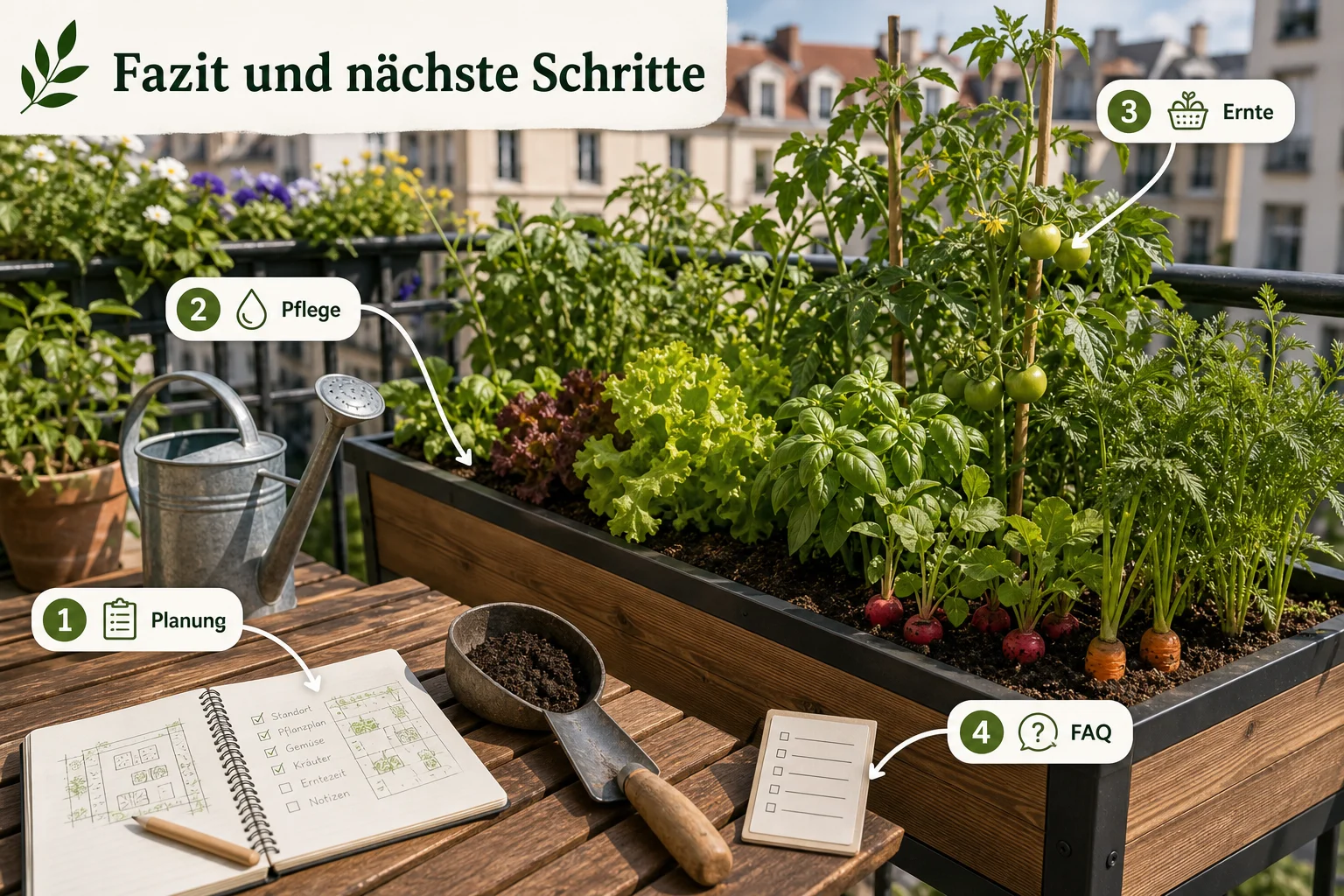 Infografik: Fazit und nächste Schritte - Pflanzkasten Groß Balkon Gemüse Anbauen: Anleitung, Tipps und häufige Fehler