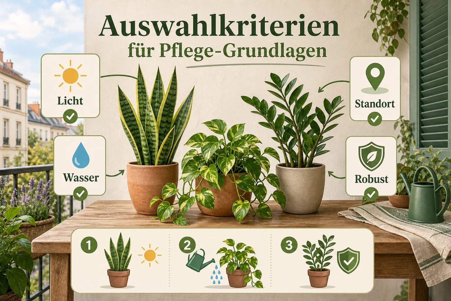 Infografik: Auswahlkriterien für Pflege-Grundlagen - Pflegeleichte Zimmerpflanzen Anfänger Robust: Anleitung, Tipps und häufige Fehler