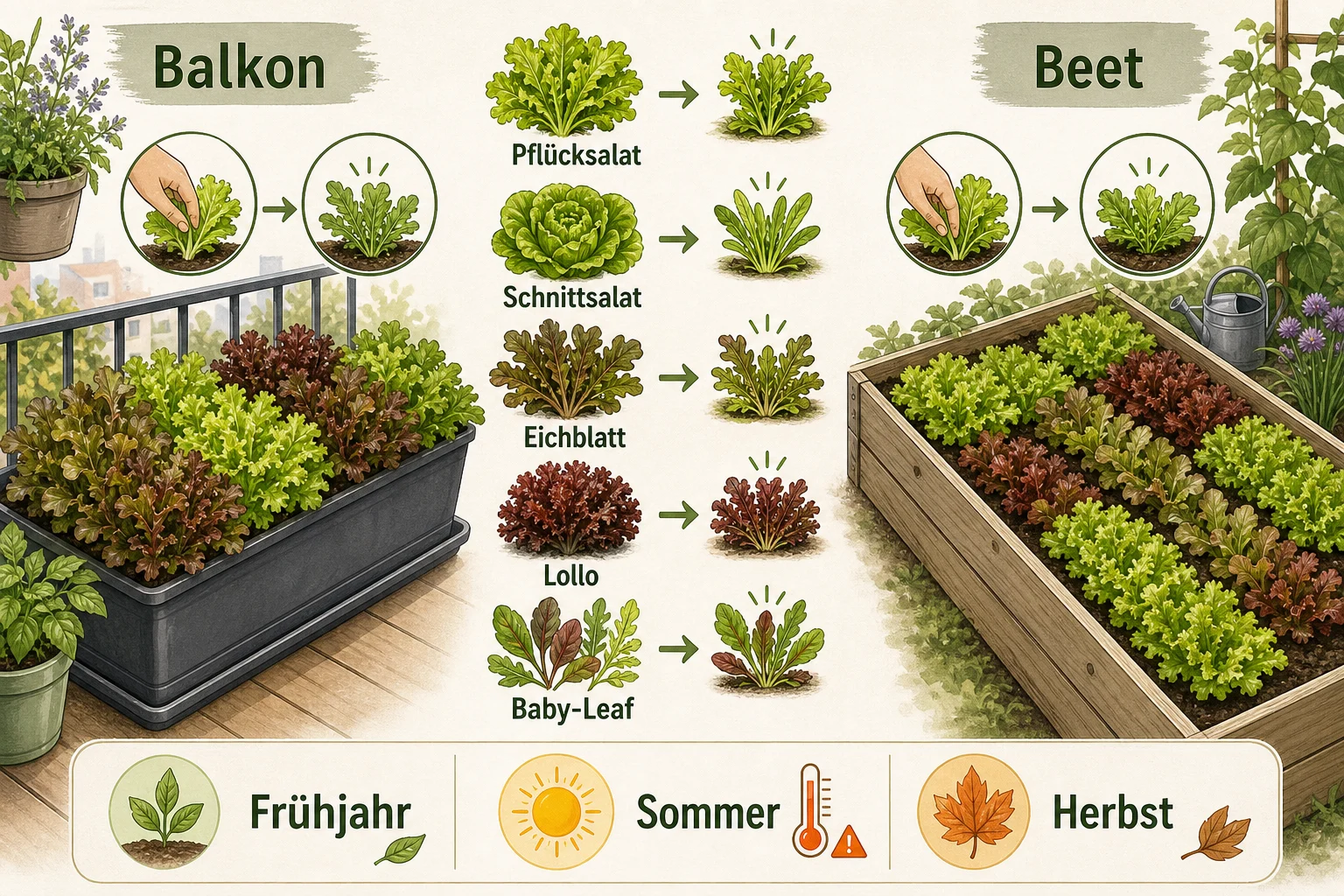 Infografik: Blattgemüse & Salate auswählen: Welche Pflücksalate für Balkon und Beet passen - Pflücksalat anbauen nachwachsen: Anleitung, Tipps und häufige Fehler
