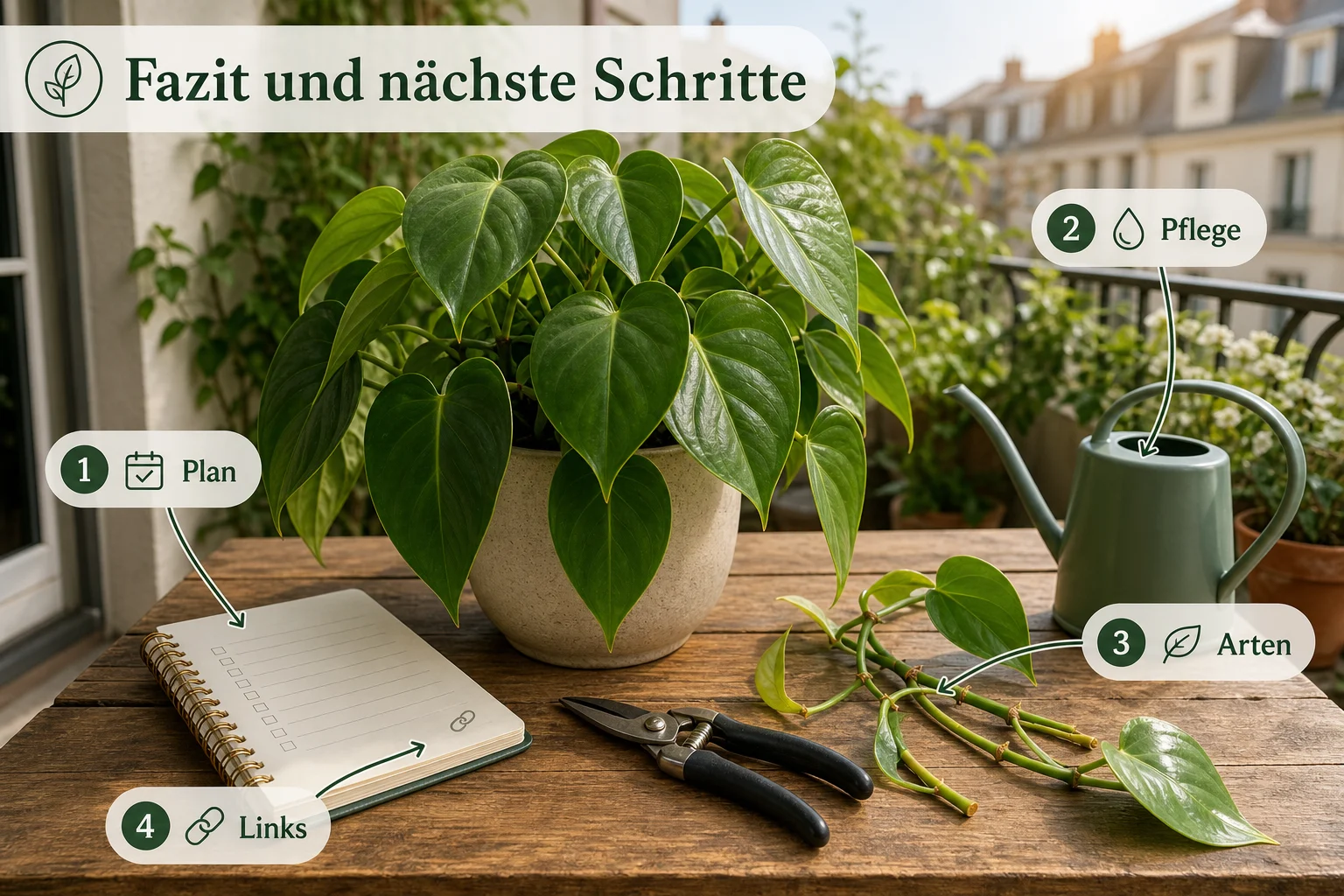 Infografik: Fazit und nächste Schritte - Philodendron Pflege Arten Unterschiede: Anleitung, Tipps und häufige Fehler