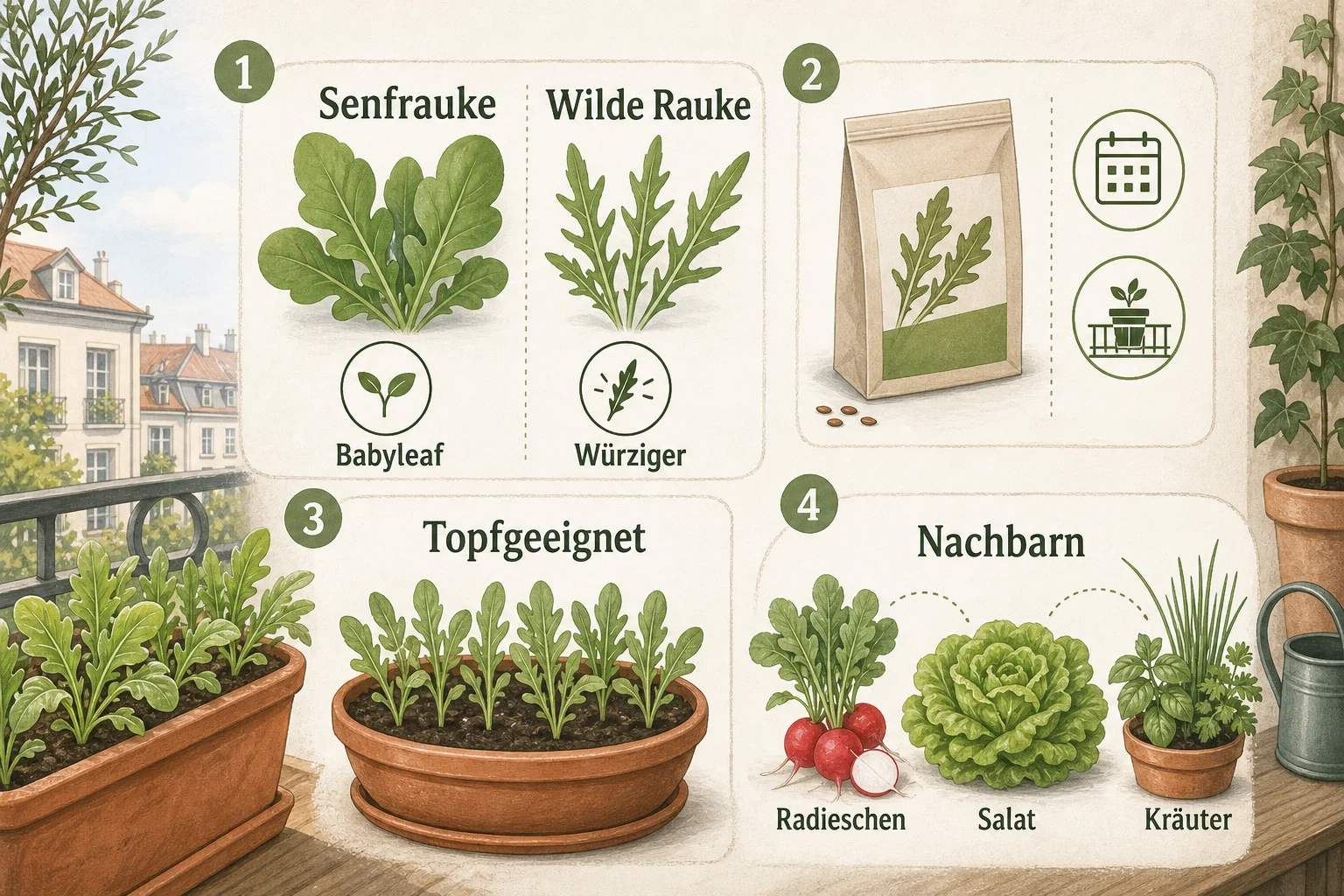 Infografik: Rucola als Blattgemüse auswählen: Sorten, Saatgut und Nachbarn - Rucola anbauen, Balkon nutzen und richtig schneiden