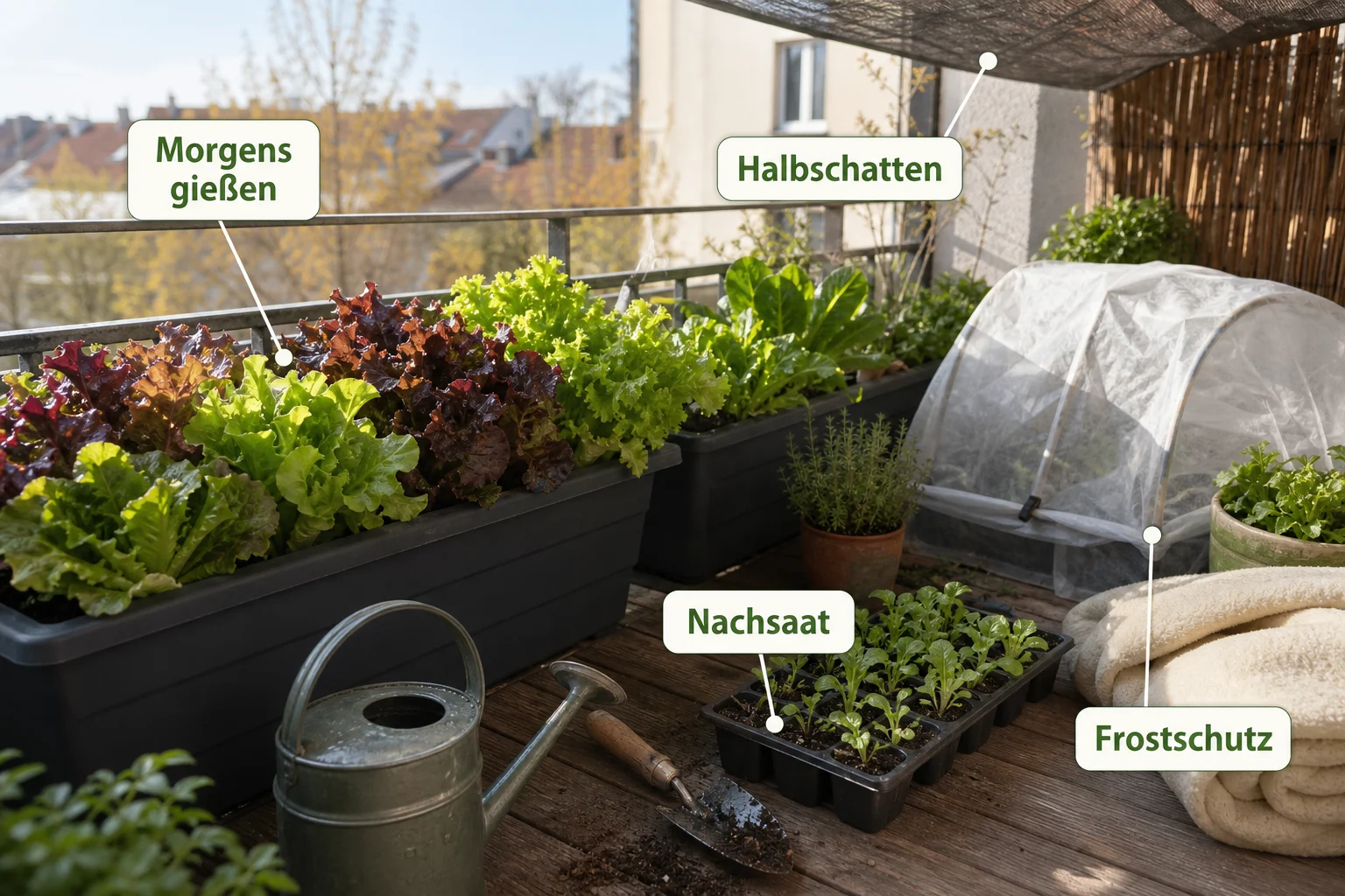 Infografik: Pflege, Timing und saisonale Besonderheiten - Salat Anbauen Balkon Ganzjährig: Anleitung, Tipps und häufige Fehler