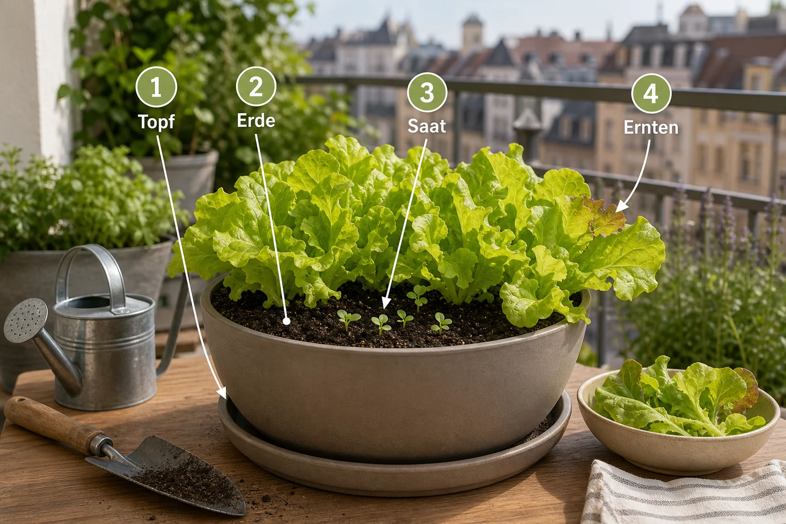 Infografik: Schritt-für-Schritt-Anleitung - Salat Balkon Anbauen Pflücksalat Topf: Anleitung, Tipps und häufige Fehler