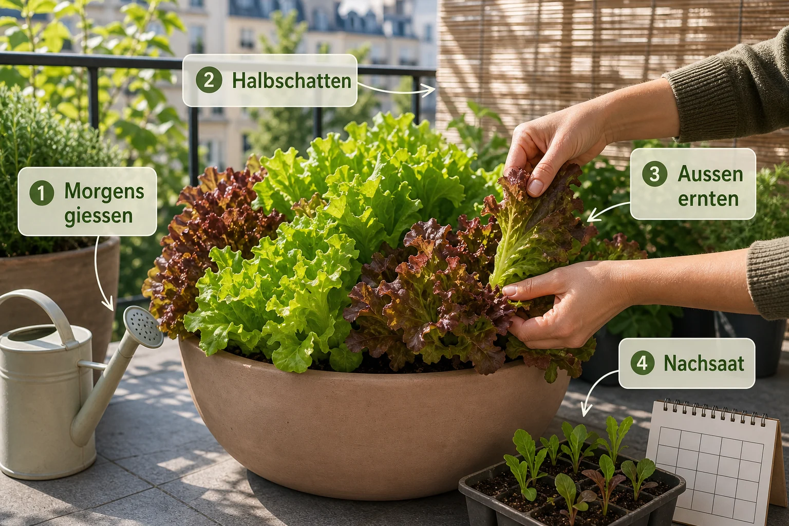 Infografik: Pflege, Timing und saisonale Besonderheiten - Salat Balkon Anbauen Pflücksalat Topf: Anleitung, Tipps und häufige Fehler