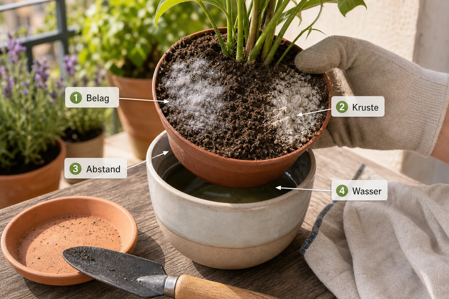 Erklärbild: Schritt 1: Befall prüfen - Schimmel Blumenerde gefährlich entfernen: Anleitung und Tipps