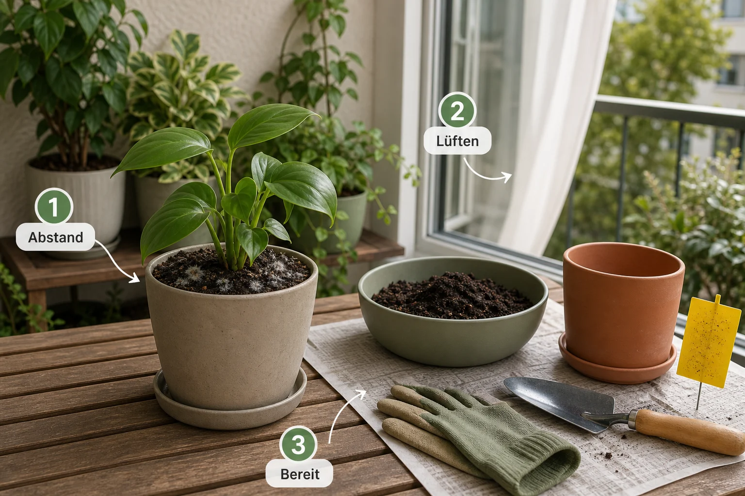 Erklärbild: Schritt 2: Pflanze isolieren und Arbeitsplatz vorbereiten - Schimmel Blumenerde gefährlich entfernen: Anleitung und Tipps