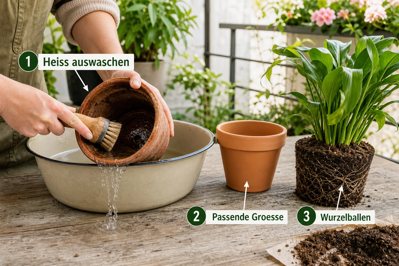 Erklärbild: Schritt 5: Topf reinigen oder ersetzen - Schimmel Blumenerde gefährlich entfernen: Anleitung und Tipps