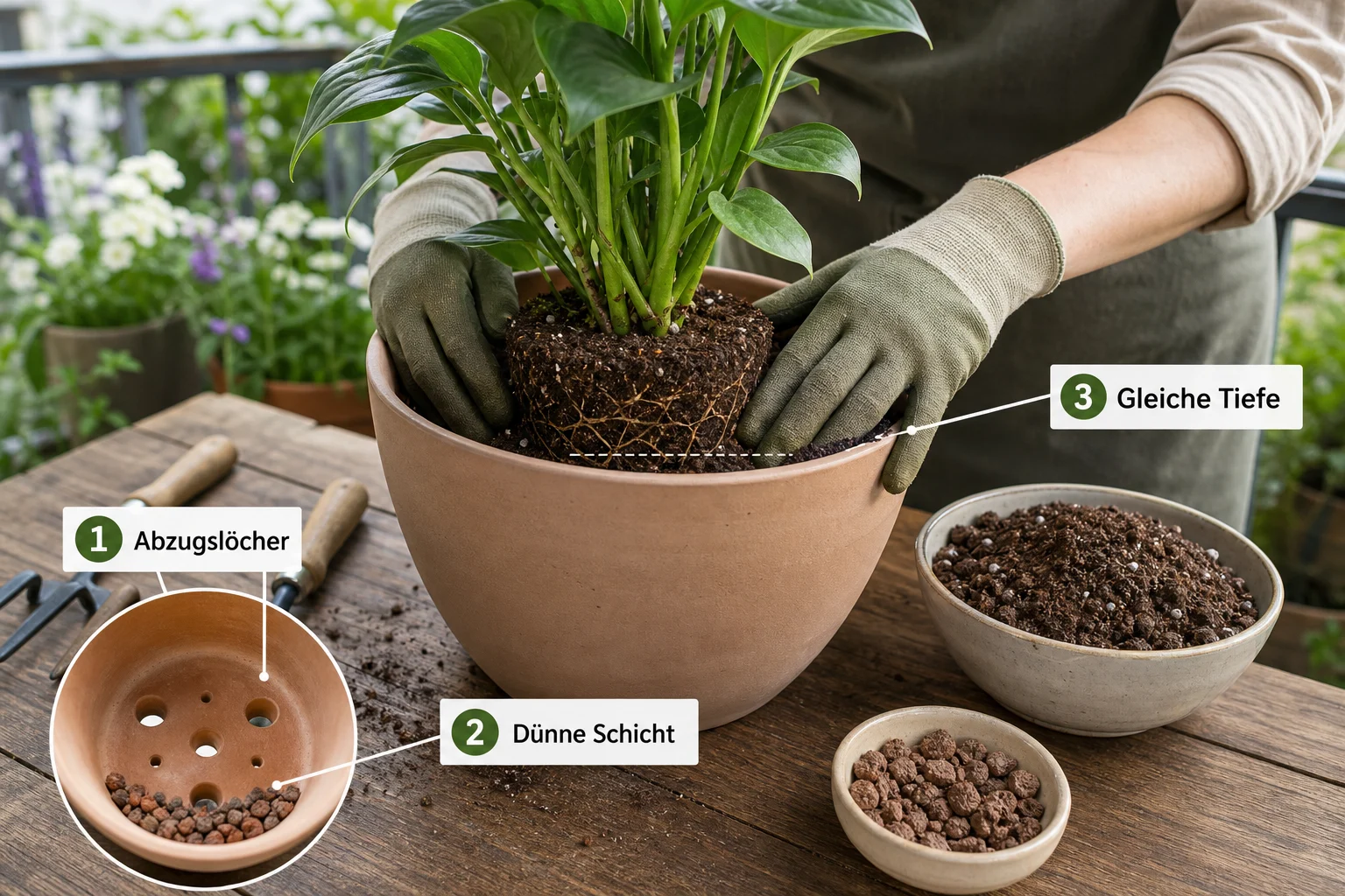 Erklärbild: Schritt 6: Neu eintopfen - Schimmel Blumenerde gefährlich entfernen: Anleitung und Tipps