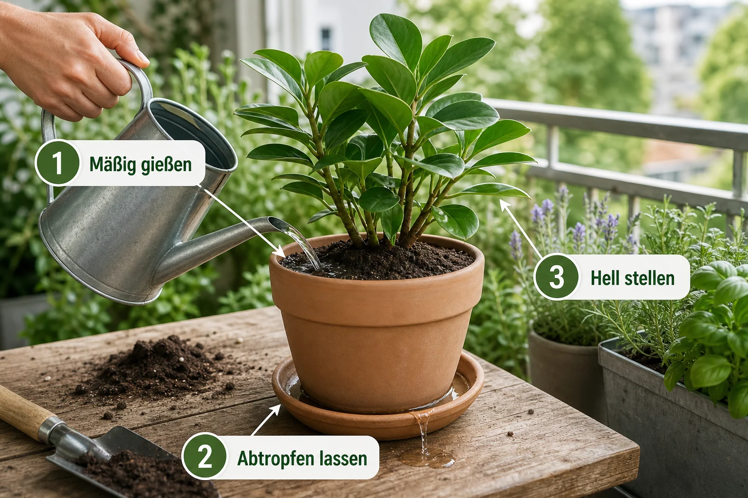 Erklärbild: Schritt 7: Nach dem Umtopfen richtig gießen - Schimmel Blumenerde gefährlich entfernen: Anleitung und Tipps