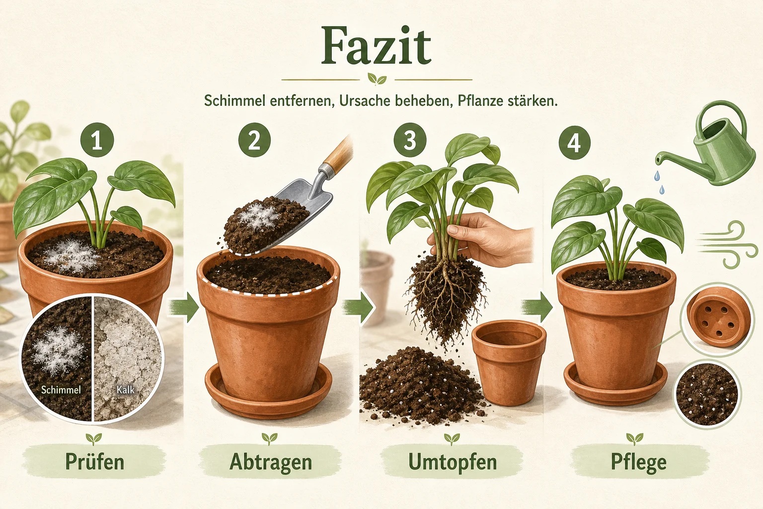 Infografik: Fazit - Schimmel Blumenerde gefährlich entfernen: Anleitung und Tipps