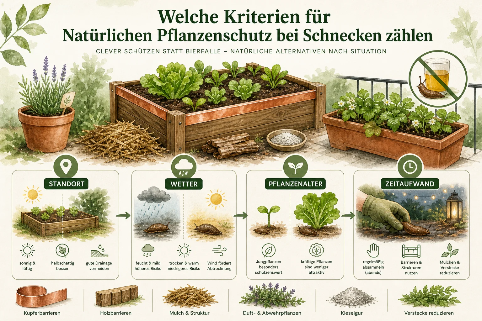 Infografik: Welche Kriterien für Natürlichen Pflanzenschutz bei Schnecken zählen - Schnecken Bekämpfen Bierfalle Alternativen: erkennen, vorbeugen und lösen