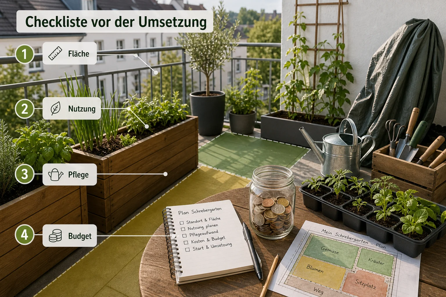 Infografik: Checkliste vor der Umsetzung - Schrebergarten Anlegen Anfänger Kosten: Anleitung, Tipps und häufige Fehler