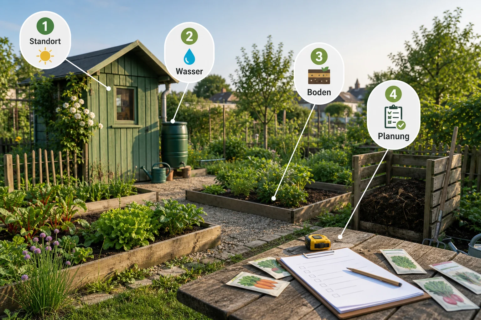 Infografik: Voraussetzungen, Standort und richtige Planung - Schrebergarten Erste Schritte Checkliste: praktische Checkliste