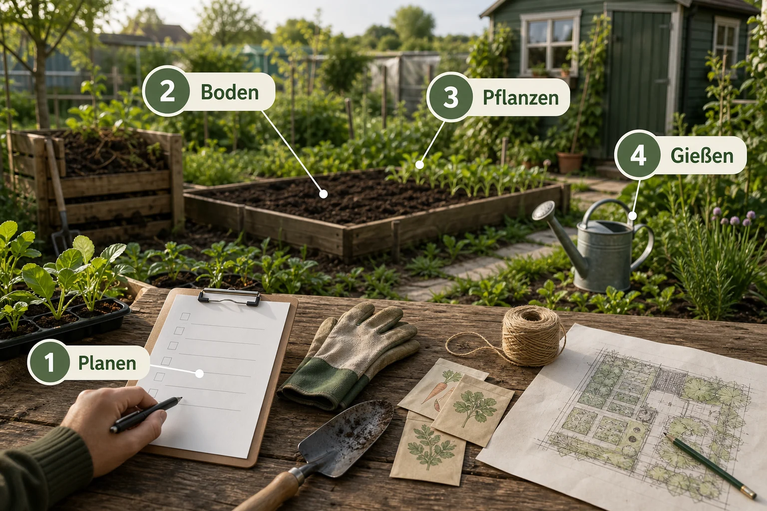 Infografik: Schritt-für-Schritt-Anleitung - Schrebergarten Erste Schritte Checkliste: praktische Checkliste