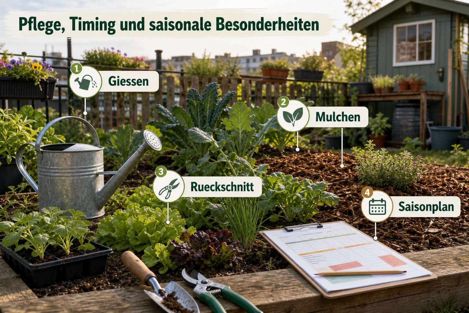 Infografik: Pflege, Timing und saisonale Besonderheiten - Schrebergarten Erste Schritte Checkliste: praktische Checkliste