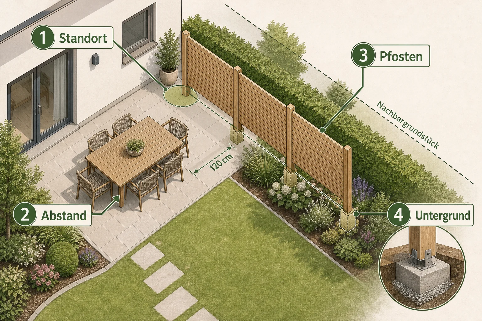 Infografik: Welche Voraussetzungen, Standorte und Planungsfragen entscheiden über die Konstruktion? - Sichtschutz Garten Selber Bauen: Anleitung, Tipps und häufige Fehler
