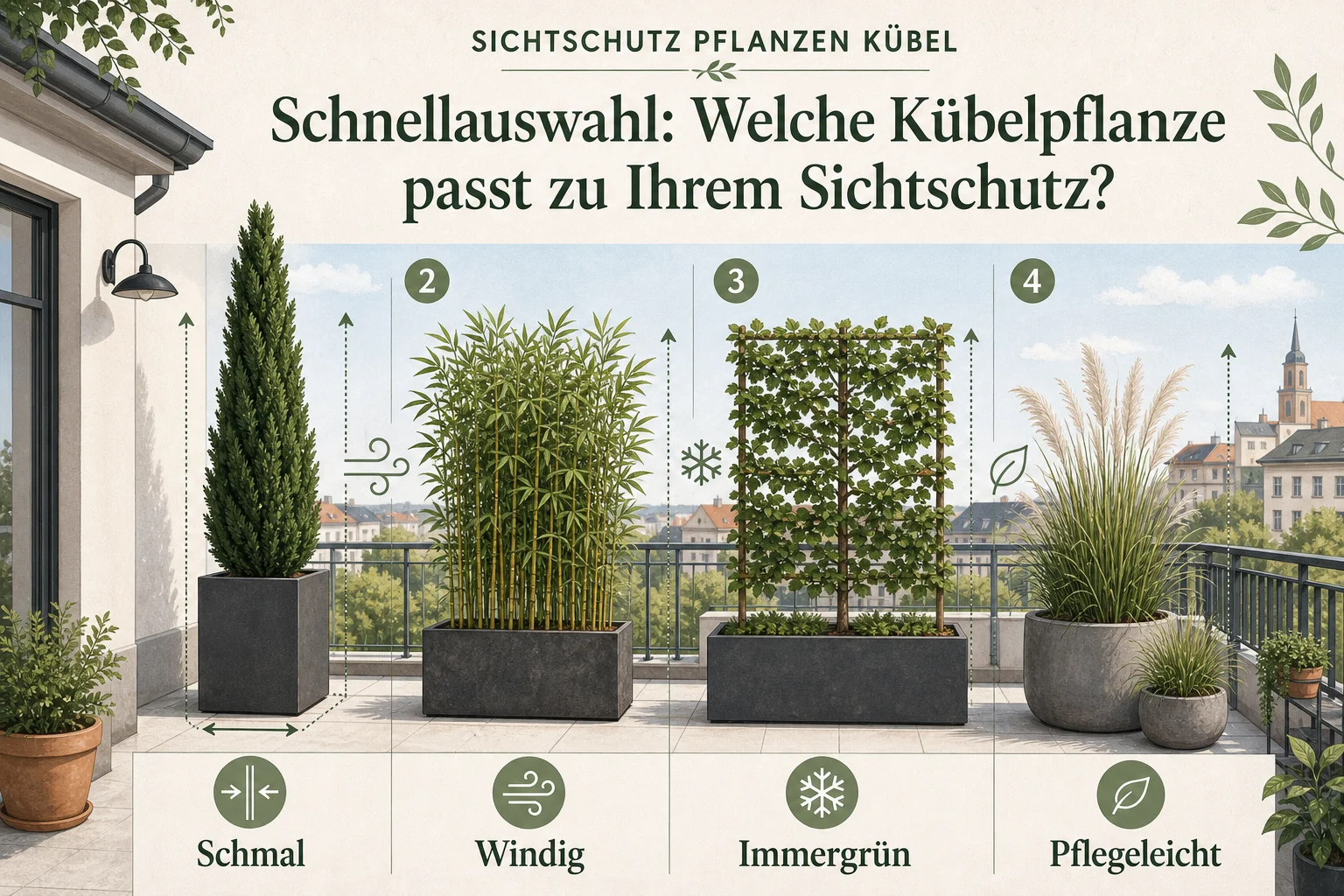 Infografik: Schnellauswahl: Welche Kübelpflanze passt zu Ihrem Sichtschutz? - Sichtschutz mit Pflanzen im Kübel: 15 schmale und winterharte Lösungen