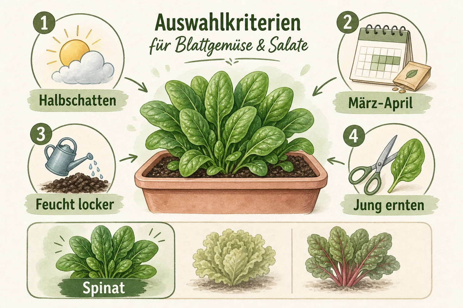 Infografik: Auswahlkriterien für Blattgemüse & Salate - Spinat Anbauen Aussaat Erntezeit: Anleitung, Tipps und häufige Fehler