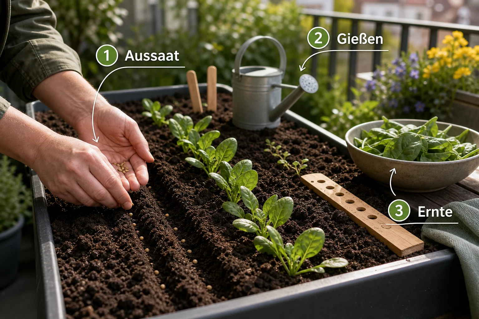 Erklärbild: Schritt-für-Schritt-Anleitung - Spinat Anbauen Aussaat Erntezeit: Anleitung, Tipps und häufige Fehler