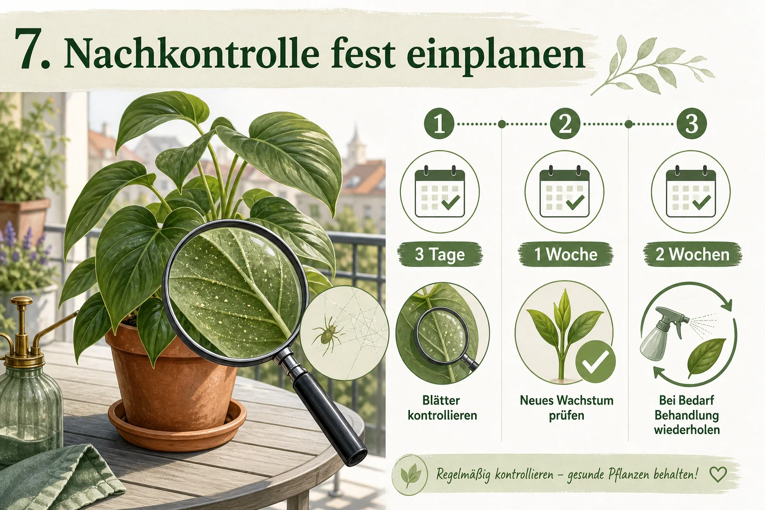 Infografik: 7. Nachkontrolle fest einplanen - Spinnmilben bekämpfen: Zimmerpflanzen natürlich erkennen, vorbeugen und lösen