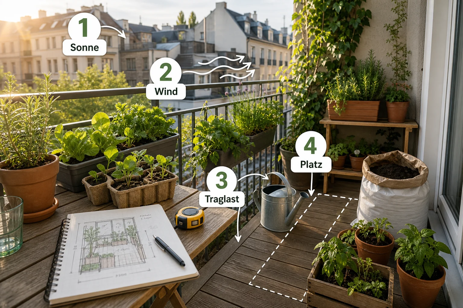 Infografik: Voraussetzungen, Standort und richtige Planung - Stadtbalkon Gestalten Urban Gardening: Anleitung, Tipps und häufige Fehler