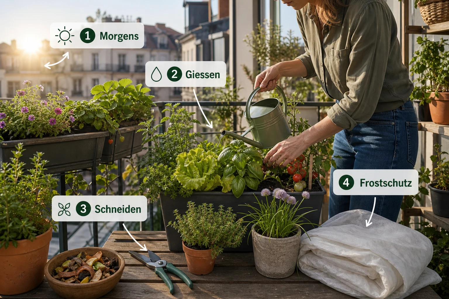 Infografik: Pflege, Timing und saisonale Besonderheiten - Stadtbalkon Gestalten Urban Gardening: Anleitung, Tipps und häufige Fehler