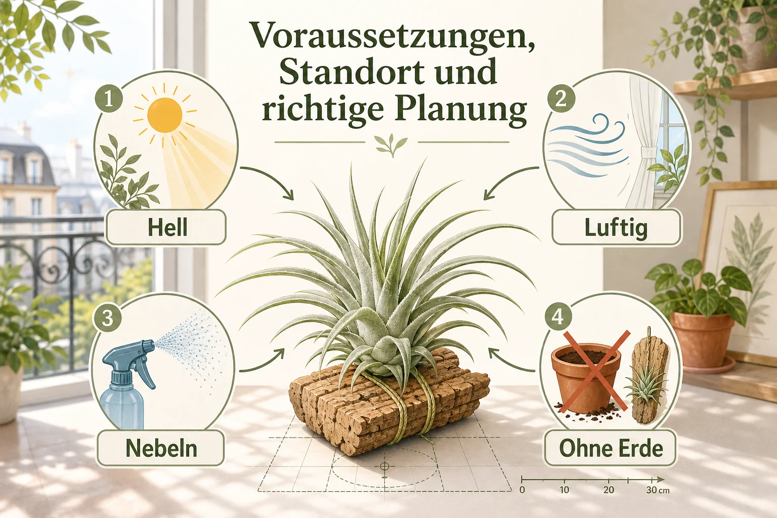 Infografik: Voraussetzungen, Standort und richtige Planung - Tillandsien Pflege Ohne Erde Luftpflanzen: Anleitung, Tipps und häufige Fehler