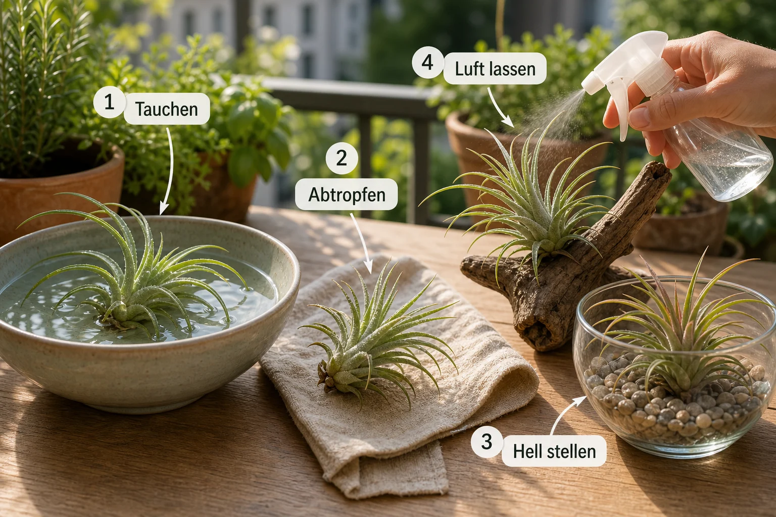 Erklärbild: Schritt-für-Schritt-Anleitung - Tillandsien Pflege Ohne Erde Luftpflanzen: Anleitung, Tipps und häufige Fehler