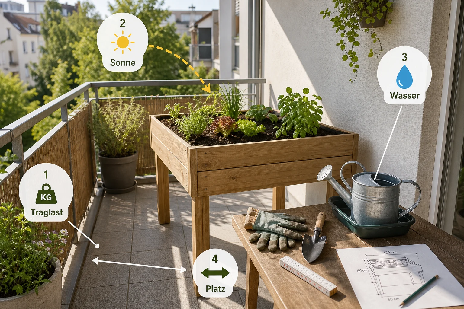 Infografik: Voraussetzungen, Standort und richtige Planung - Tischbeet Balkon Bauen Bepflanzen: Anleitung, Tipps und häufige Fehler