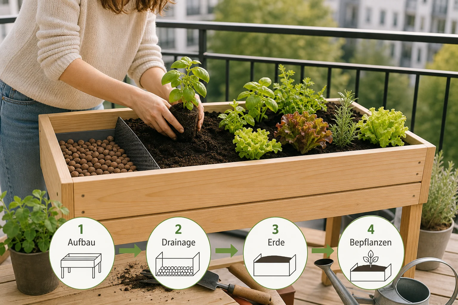 Infografik: Schritt-für-Schritt-Anleitung - Tischbeet Balkon Bauen Bepflanzen: Anleitung, Tipps und häufige Fehler