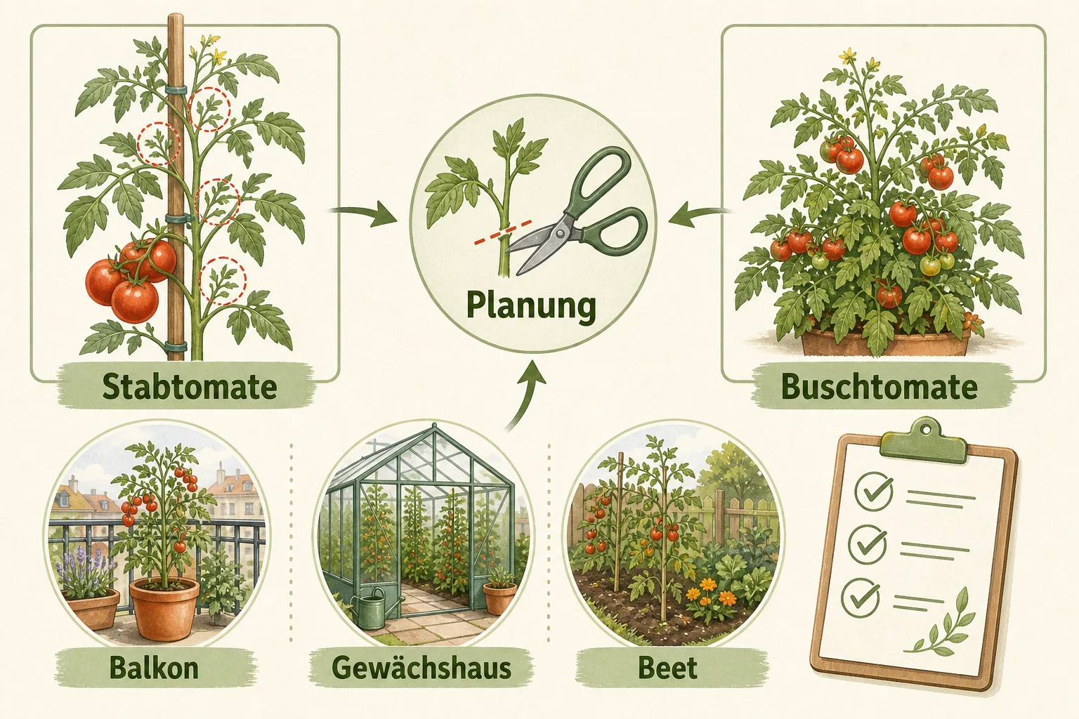 Infografik: Voraussetzungen, Standort und richtige Planung - Tomaten ausgeizen Anleitung Warum: Schritt-für-Schritt erklärt