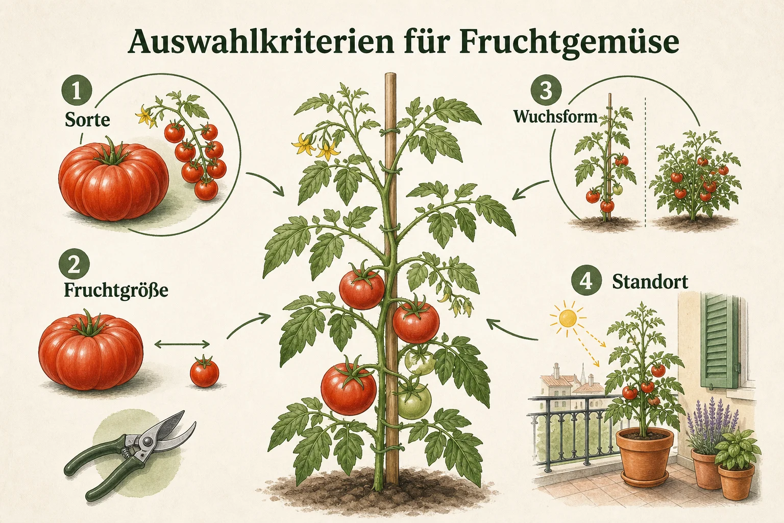 Infografik: Auswahlkriterien für Fruchtgemüse - Tomaten ausgeizen Anleitung Warum: Schritt-für-Schritt erklärt