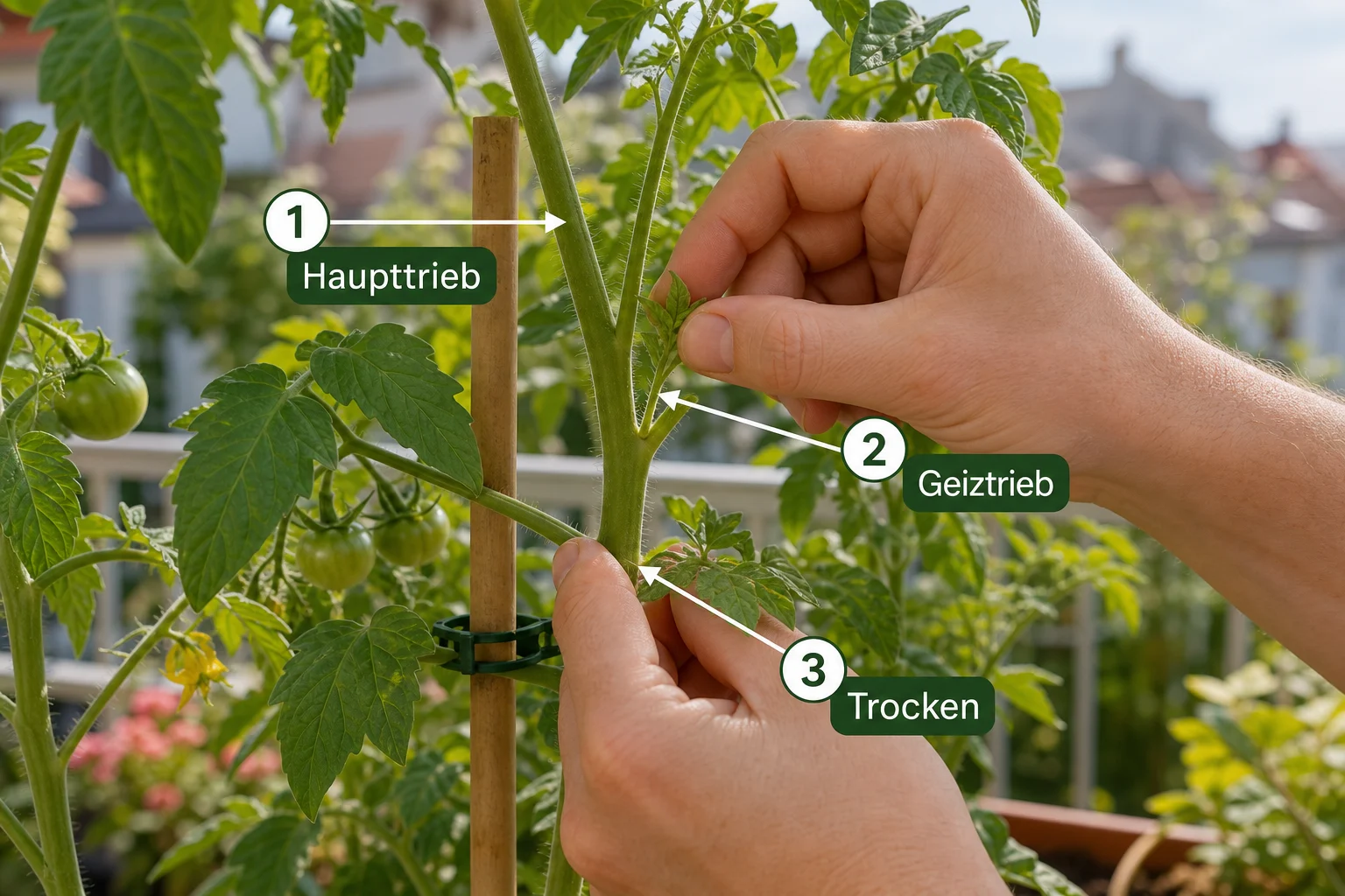 Erklärbild: Schritt-für-Schritt-Anleitung - Tomaten ausgeizen Anleitung Warum: Schritt-für-Schritt erklärt