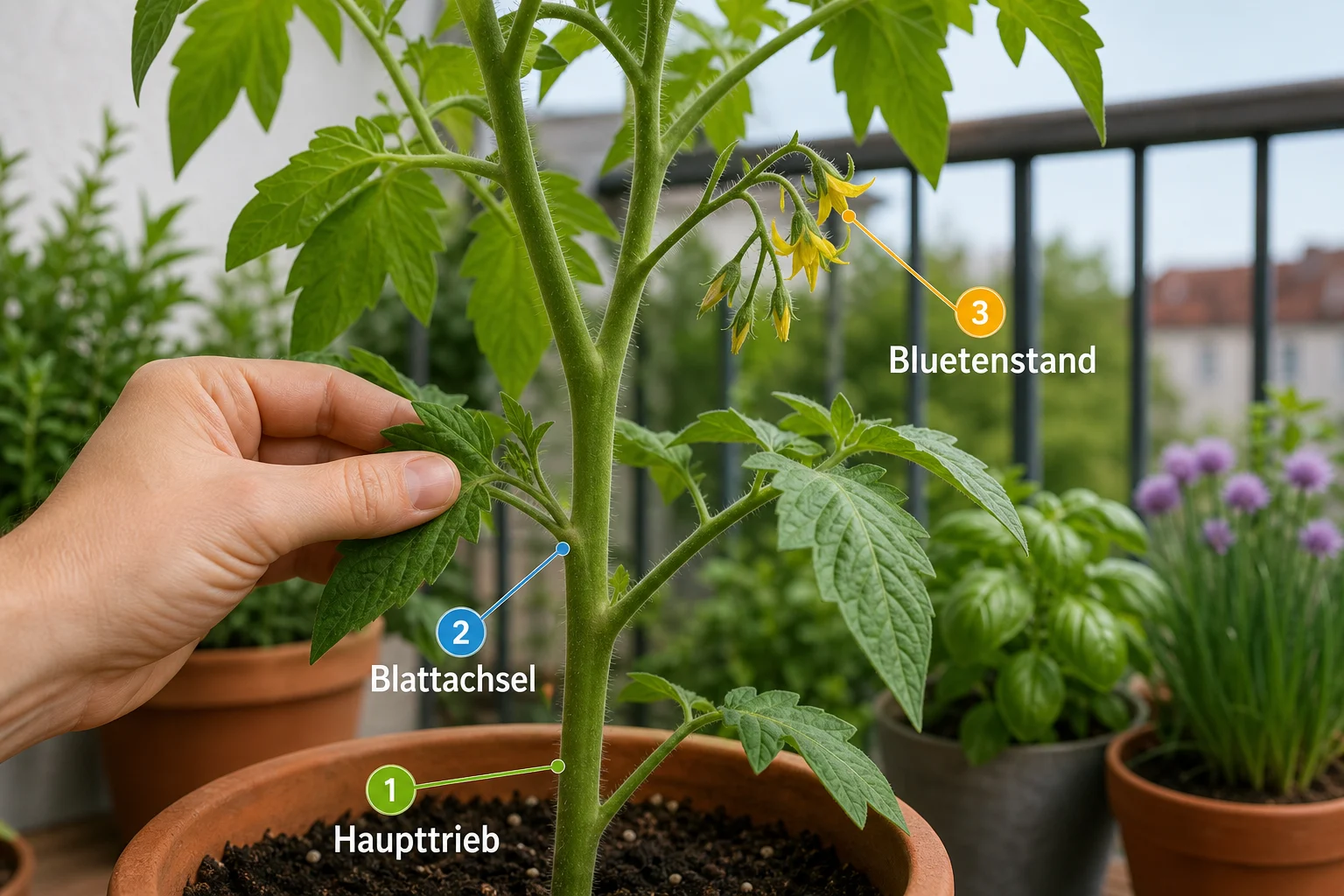 Erklärbild: 1. Pflanze ruhig prüfen - Tomaten ausgeizen Anleitung Warum: Schritt-für-Schritt erklärt