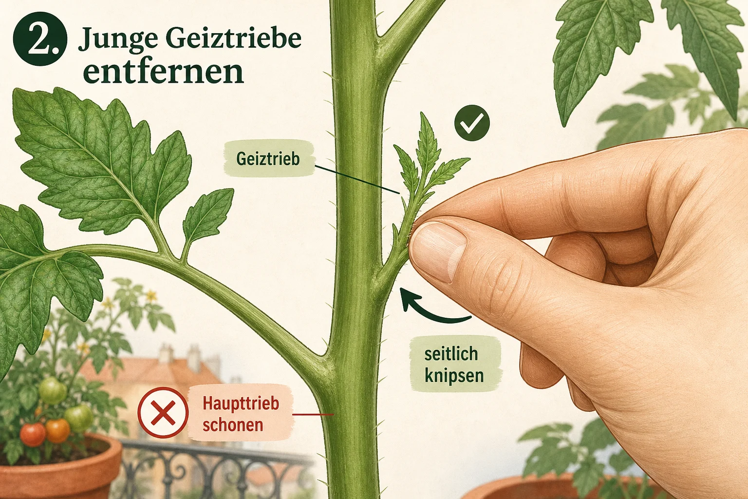 Infografik: 2. Junge Geiztriebe entfernen - Tomaten ausgeizen Anleitung Warum: Schritt-für-Schritt erklärt