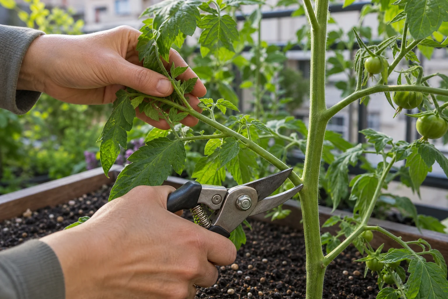 Foto: 3. Größere Triebe sauber schneiden - Tomaten ausgeizen Anleitung Warum: Schritt-für-Schritt erklärt
