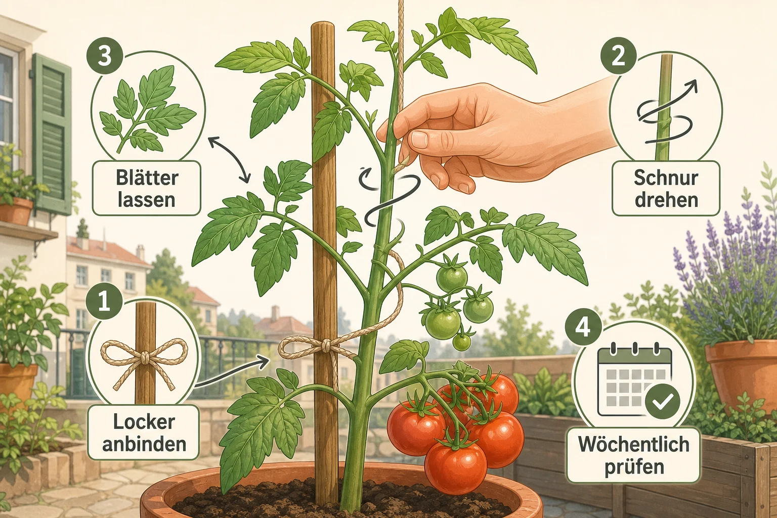 Infografik: 5. Nach dem Ausgeizen anbinden und kontrollieren - Tomaten ausgeizen Anleitung Warum: Schritt-für-Schritt erklärt