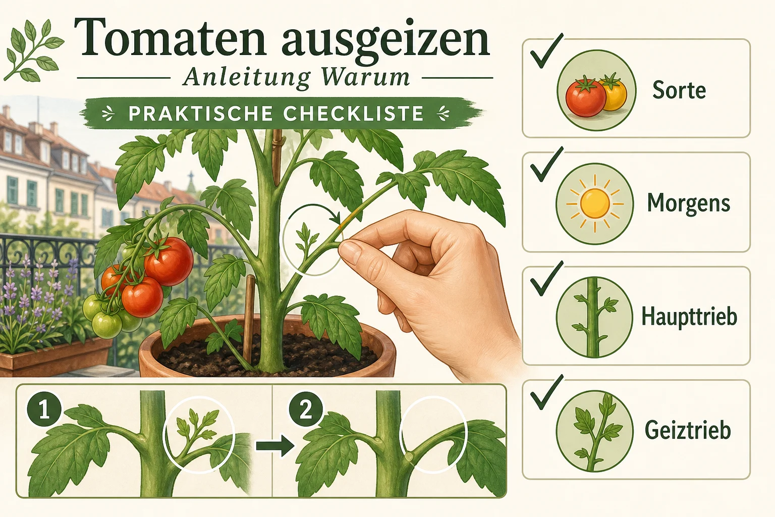 Infografik: Praktische Checkliste - Tomaten ausgeizen Anleitung Warum: Schritt-für-Schritt erklärt