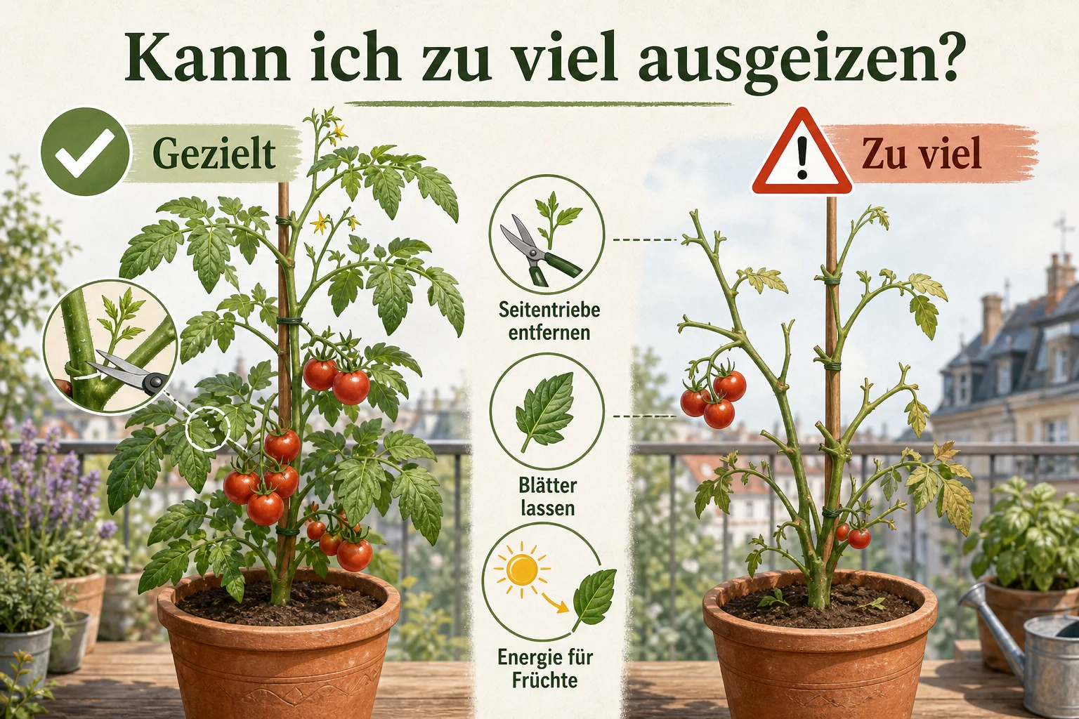Infografik: Kann ich zu viel ausgeizen? - Tomaten ausgeizen Anleitung Warum: Schritt-für-Schritt erklärt