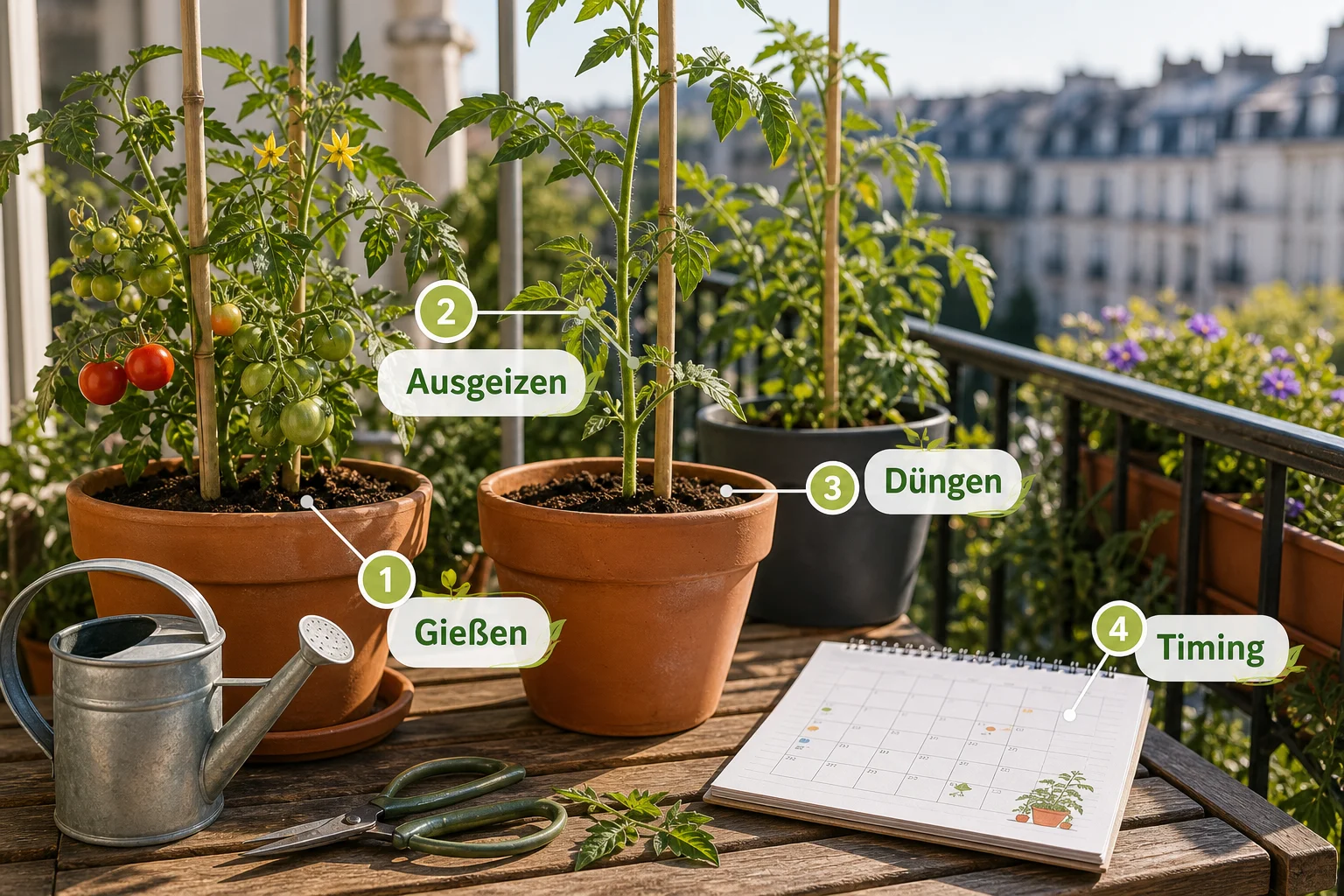 Infografik: Pflege, Timing und saisonale Besonderheiten - Tomaten Balkon Anbauen Anfänger Anleitung: Schritt-für-Schritt erklärt