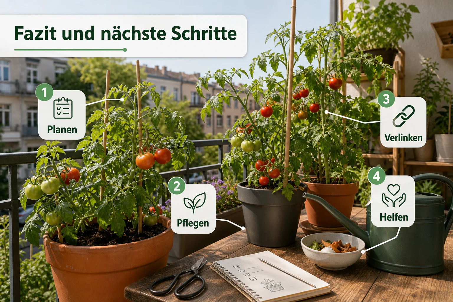 Infografik: Fazit und nächste Schritte - Tomaten Balkon Anbauen Anfänger Anleitung: Schritt-für-Schritt erklärt