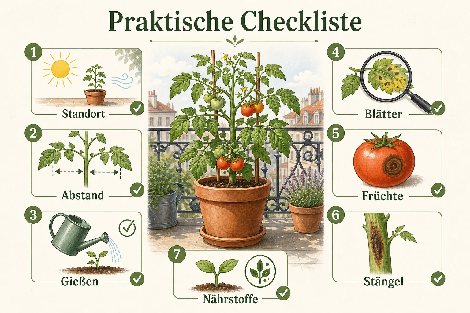 Infografik: Praktische Checkliste - Tomatenkrankheiten erkennen und vorbeugen: Symptome sicher deuten