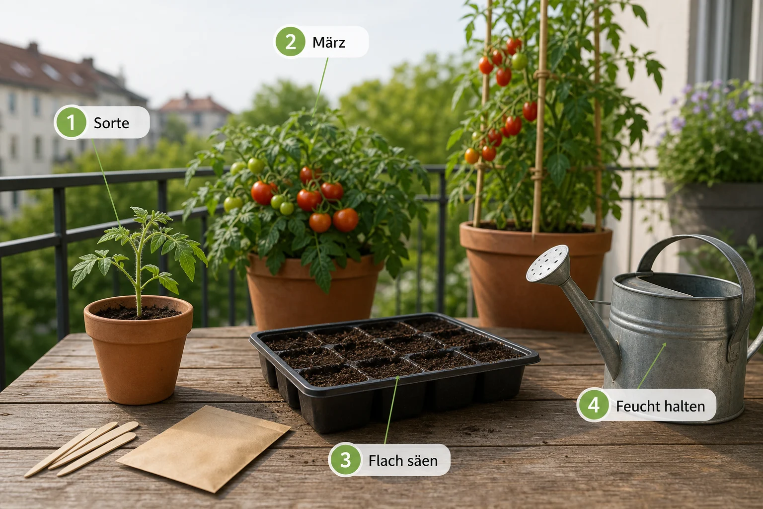 Erklärbild: Schritt-für-Schritt-Anleitung - Tomatensorten Balkon Topf robust: Anleitung, Sorten und Pflege