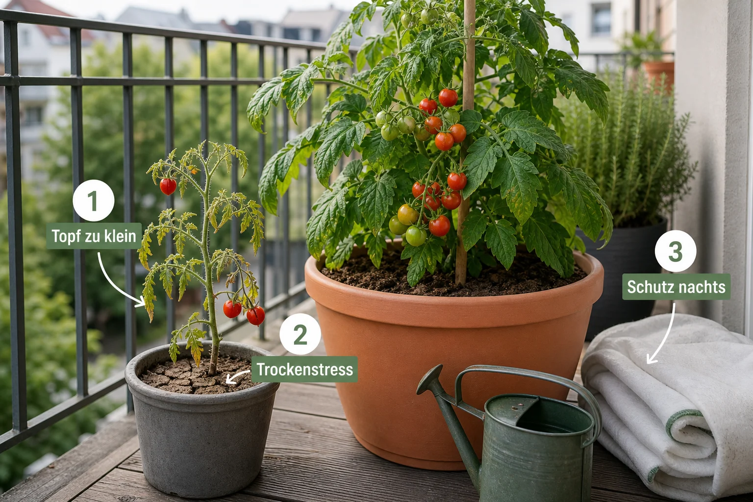 Erklärbild: Häufige Fehler und wie Sie sie vermeiden - Tomatensorten Balkon Topf robust: Anleitung, Sorten und Pflege