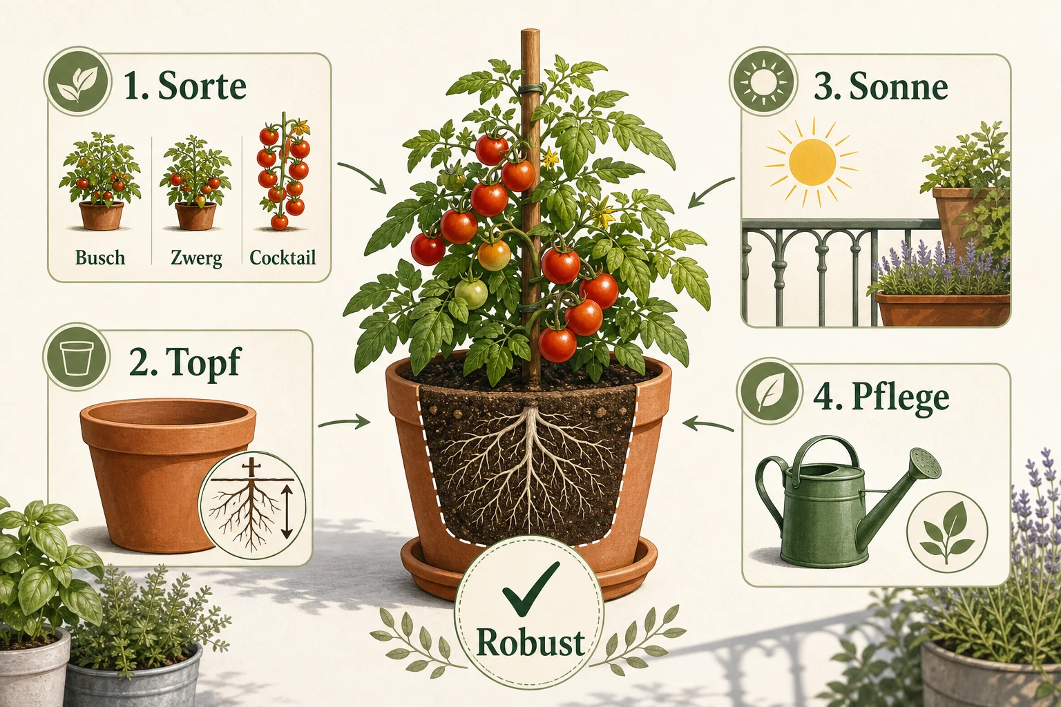 Infografik: Fazit - Tomatensorten Balkon Topf robust: Anleitung, Sorten und Pflege