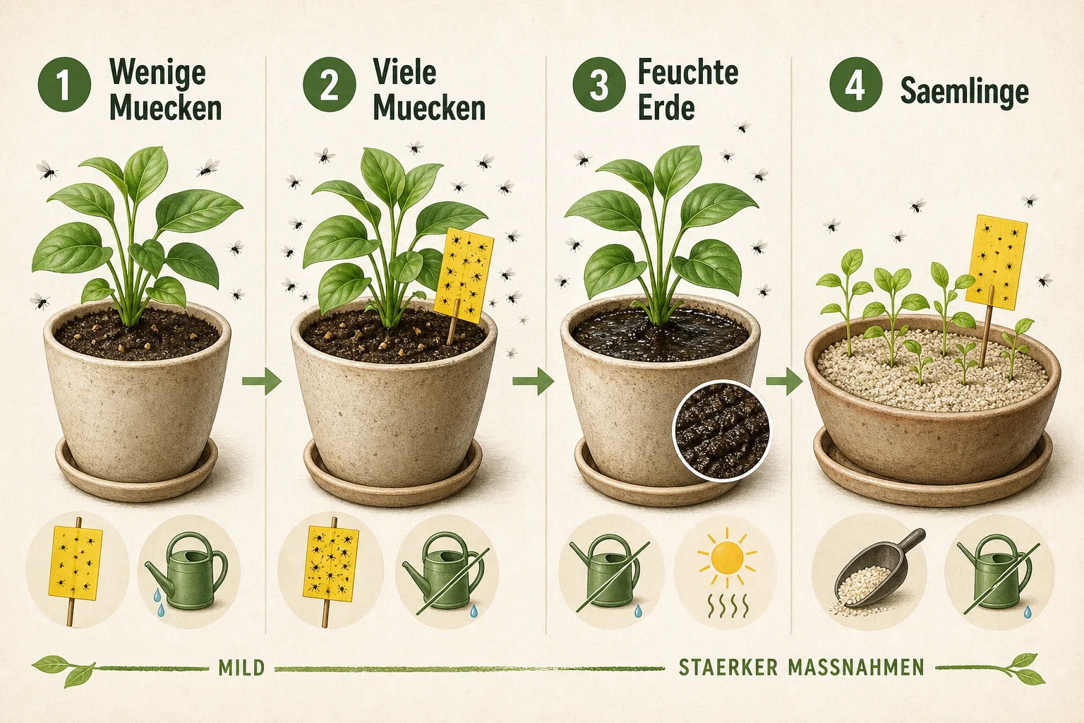 Infografik: Welche Hausmittel und Maßnahmen passen zu welchem Trauermücken-Befall? - Trauermücken Bekämpfen Hausmittel: erkennen, vorbeugen und lösen