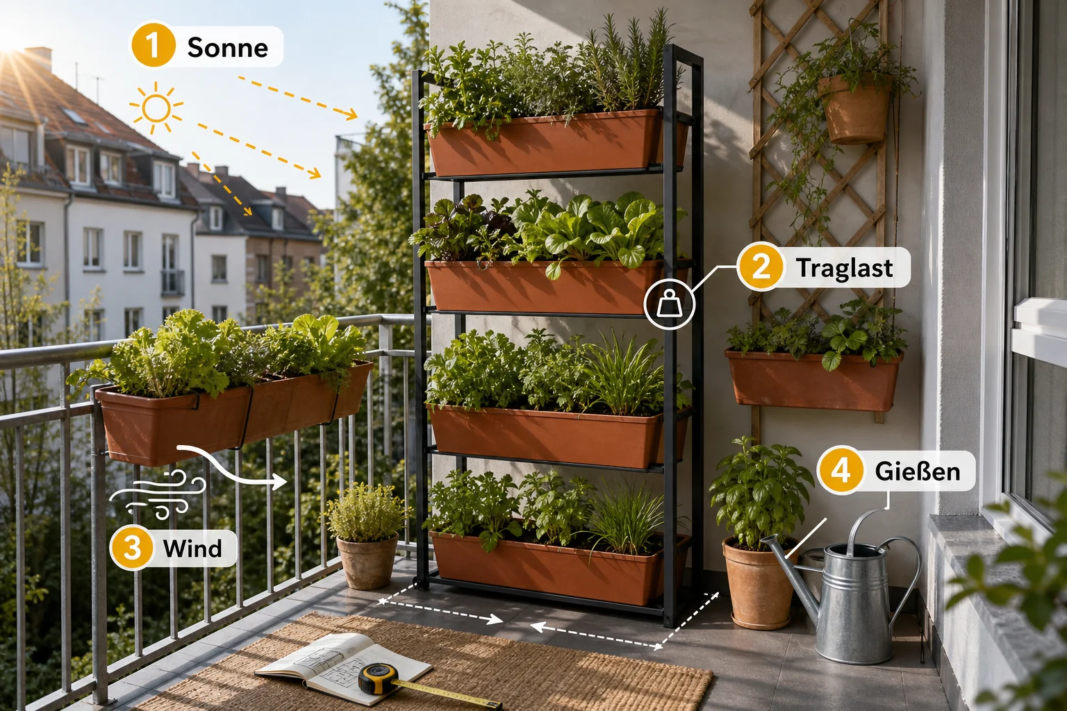 Infografik: Voraussetzungen, Standort und richtige Planung - Vertikal Gärtnern Balkon Platzsparend: Anleitung, Tipps und häufige Fehler