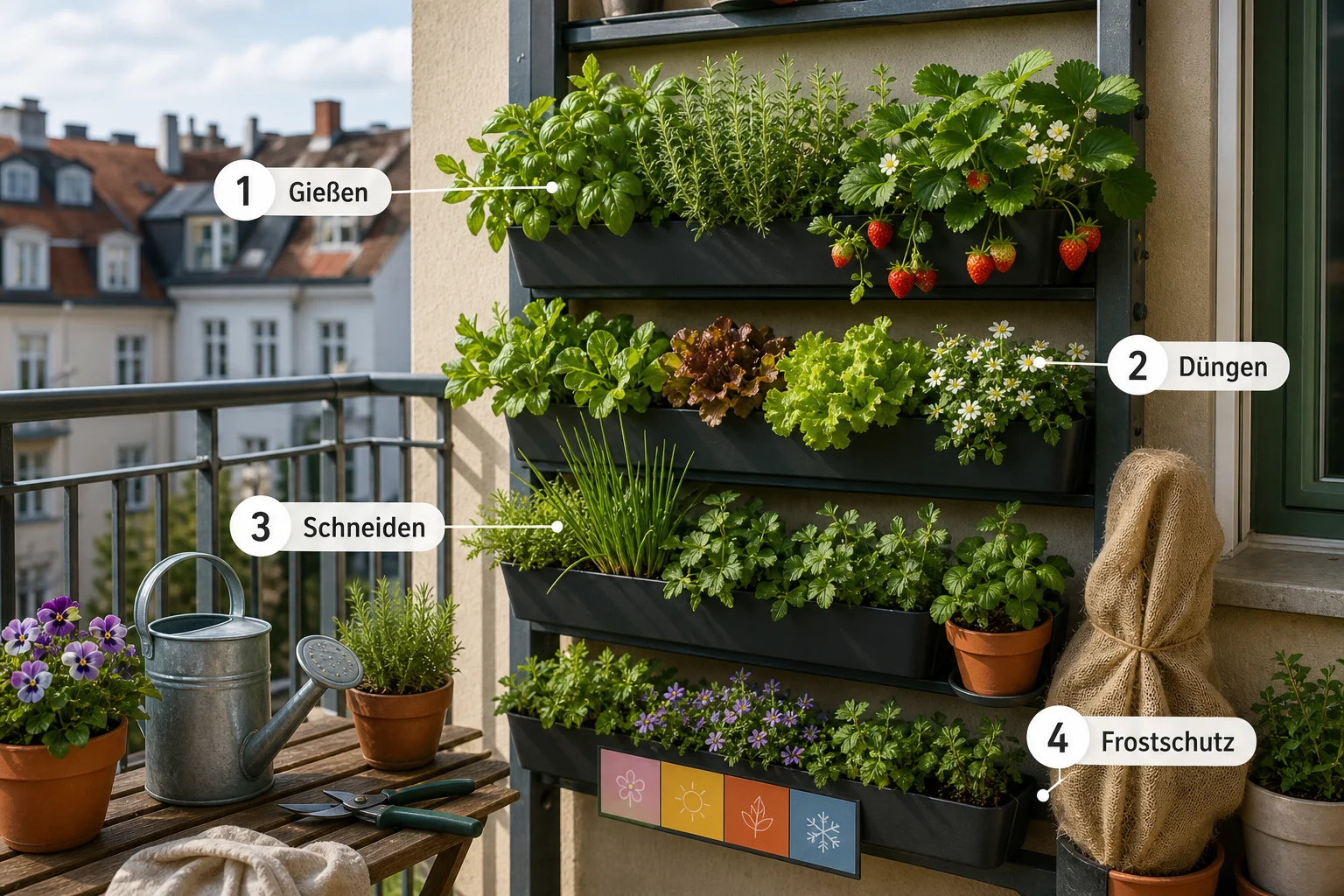 Infografik: Pflege, Timing und saisonale Besonderheiten - Vertikal Gärtnern Balkon Platzsparend: Anleitung, Tipps und häufige Fehler